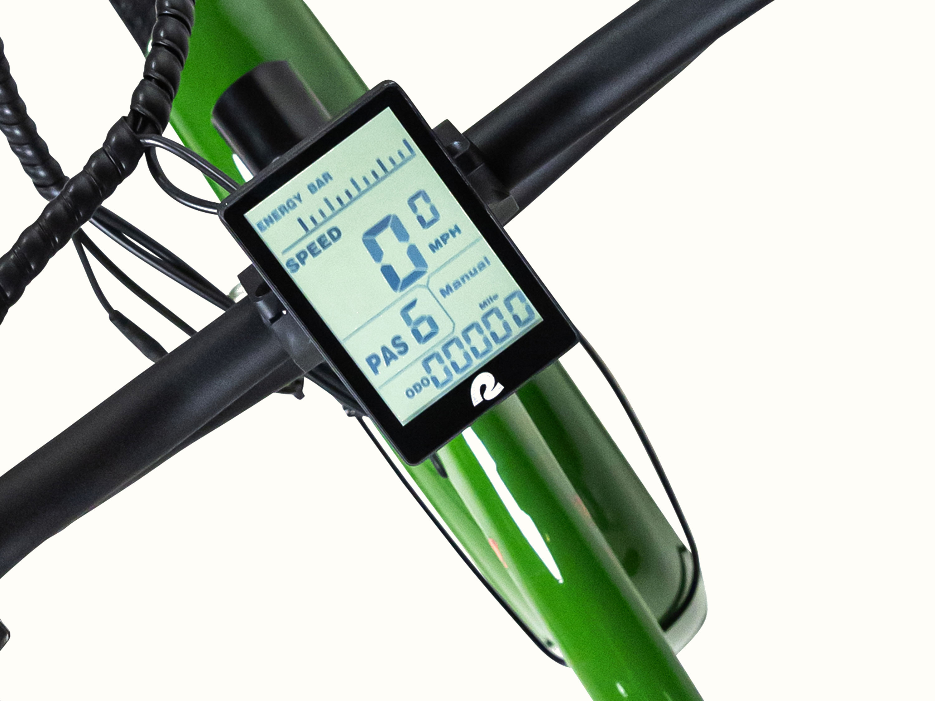 Close-up of the Grateful Dead Boca Rev Electric Trike's digital display, showing speed at 0 mph, PAS at 6, and an odometer reading of 0.00 miles.