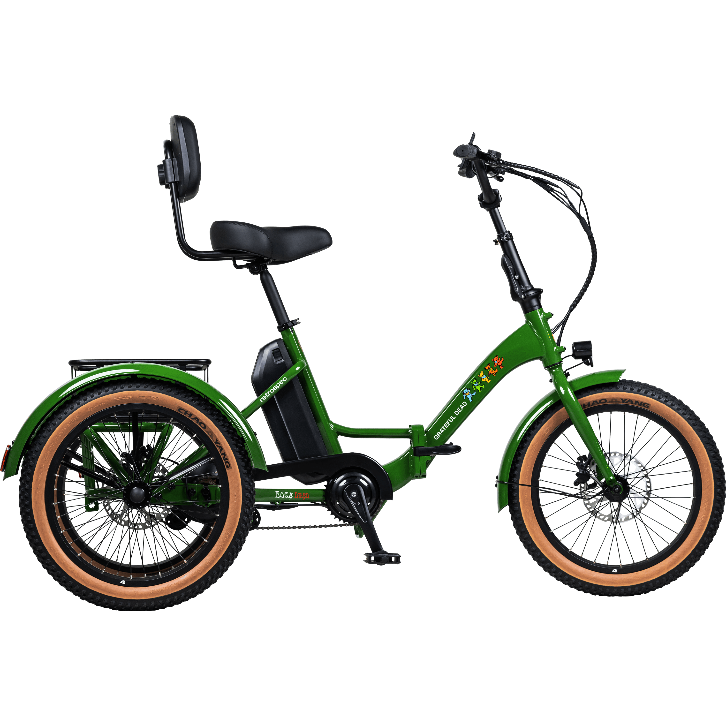 The vibrant green Grateful Dead Boca Rev Trike featuring a comfortable seat, backrest, and thick tires for stability and comfort including iconic Grateful Dead artwork such as The Dancing Bears, Steal Your Face, and red lightening bolts.