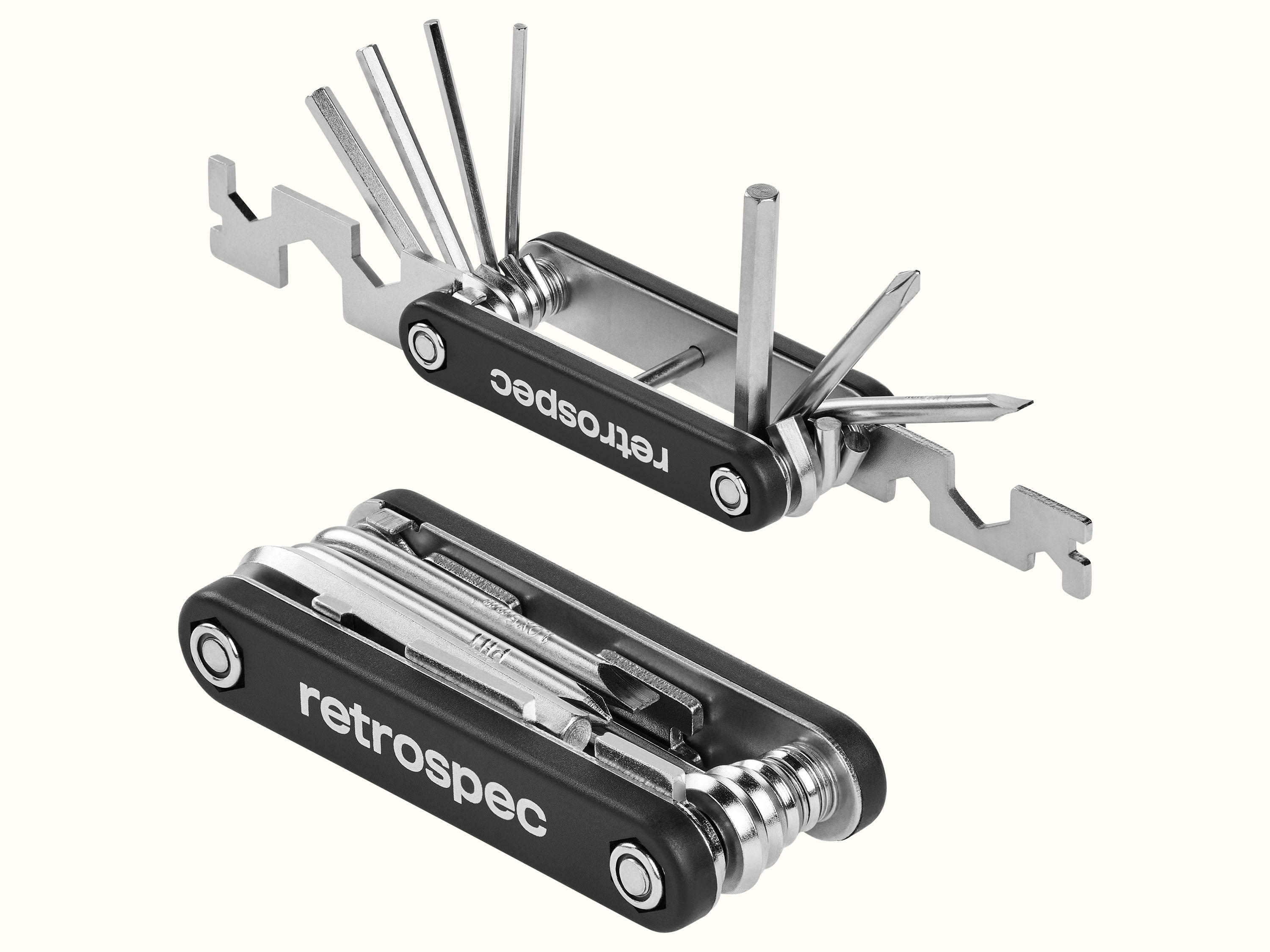 A compact multi-tool with various screwdriver tips and a tire lever, featuring a black body with 