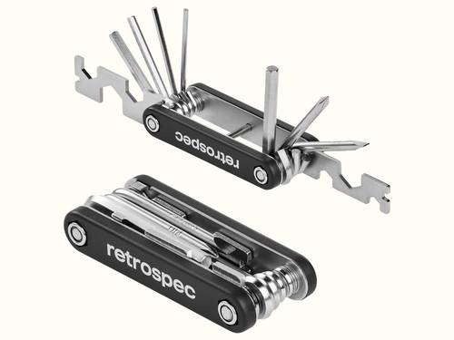 A compact multi-tool with various screwdriver tips and a tire lever, featuring a black body with "retrospec" branding.