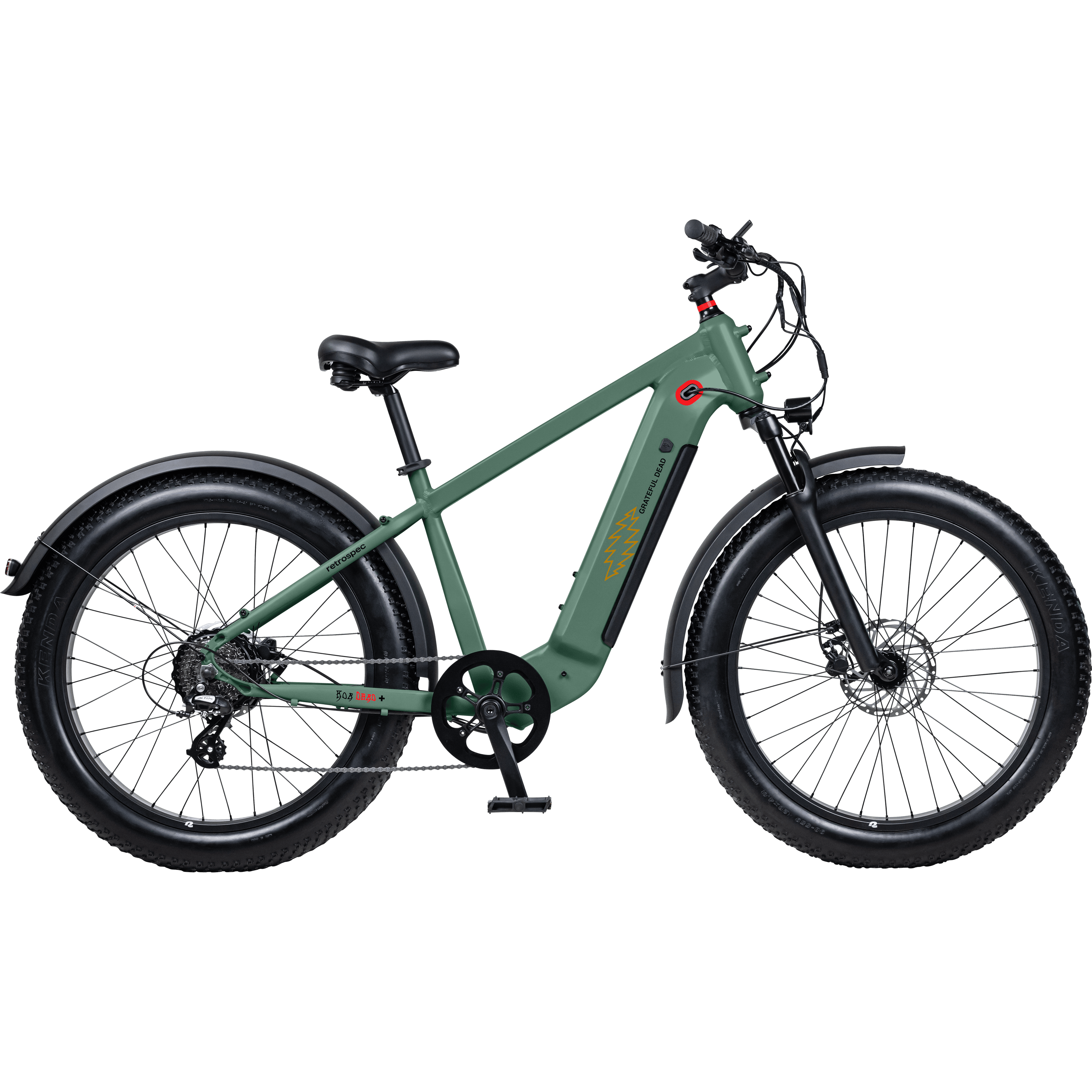 A green Grateful Dead Koa Rev+ 2 Fat Tire Electric Bike with wide tires, a sturdy frame, and a sleek design featuring iconic artwork such as 