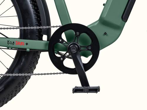 Close-up of the Grateful Dead Koa Rev+ Fat Tire Electric Bike's pedal and crank set, featuring a green frame and bold "KOA DEAD+" lettering, with a thick tire visible in the background.