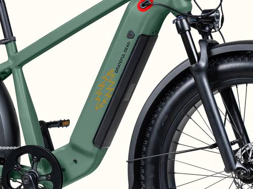 Close-up of the green Grateful Dead Koa Rev+ Electric Bike frame featuring a Grateful Dead logo, yellow Grateful Dead lightening bolt, and a prominent battery pack integrated into the design.