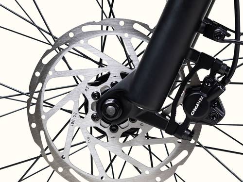 Close-up of the Grateful Dead Koa Rev+ Fat Tire Electric Bike's front disc brake, showcasing metallic rotor, caliper, and spokes.