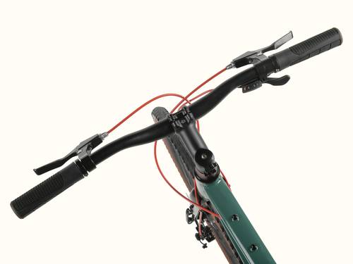 Top view of the Grateful Dead Amok 8 Speed Step Over Gravel Adventure Bicycle's handlebar with black grips, brake levers, and red cables, showcasing a sleek green frame.