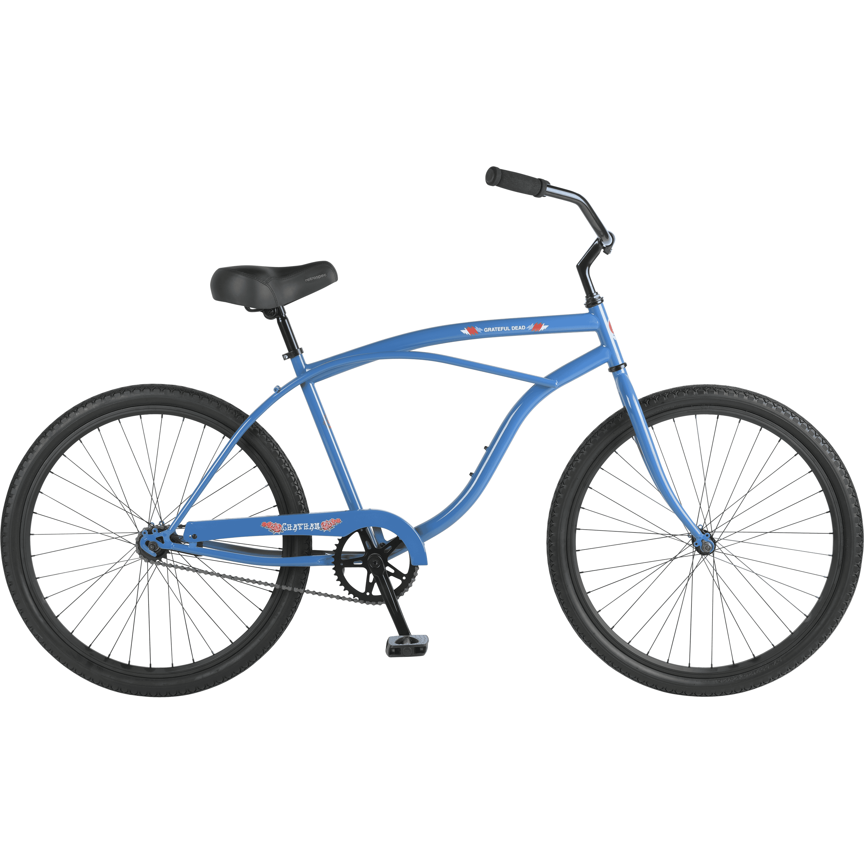 A vibrant blue Grateful Dead Chatham Single Speed Beach Cruiser Bicycle with a stylish frame, featuring 26-inch wheels and a comfortable seat, showcasing Grateful Dead graphics.