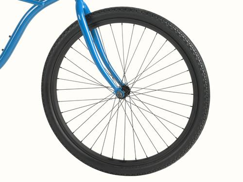 Close-up of a blue bicycle fork and black tire, showcasing spokes and tread pattern on a white background.