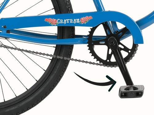 Close-up of a blue bicycle’s crankset and pedals featuring Grateful Dead roses graphics, showcasing the chain and black sprocket.