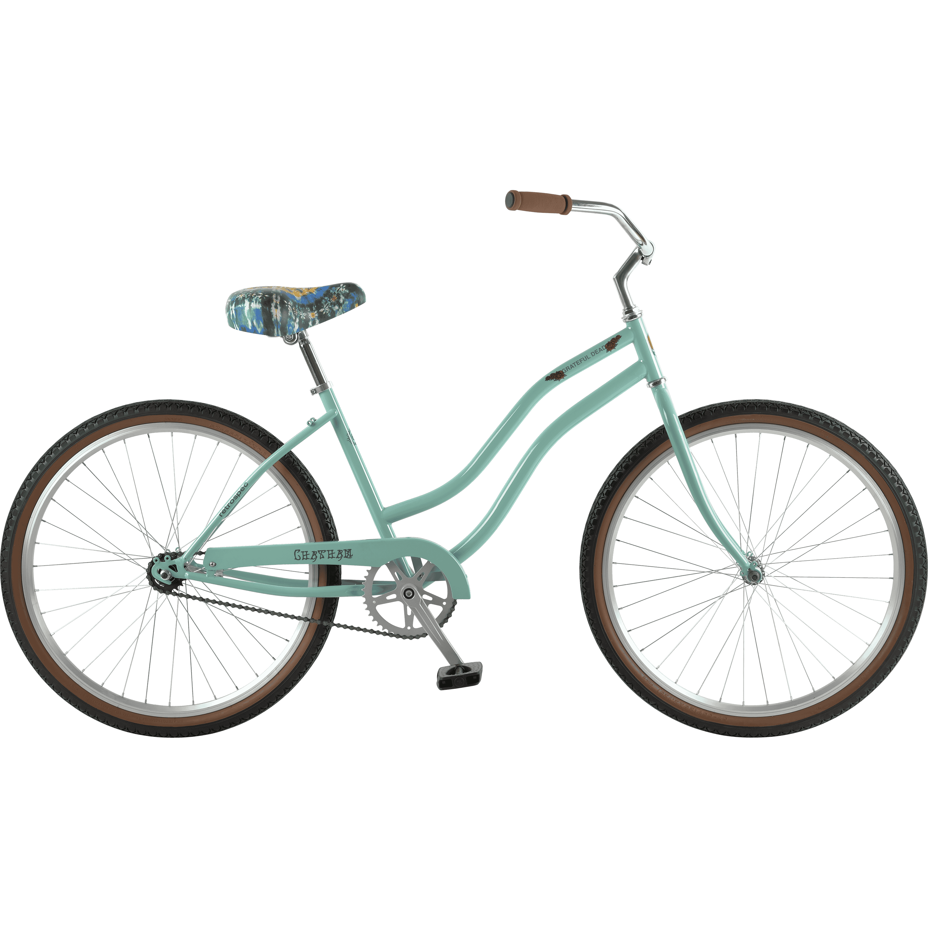 The Grateful Dead Chatham Single Speed Step Through Beach Cruiser Bicycle in turquoise with a tie-dye patterned seat and brown handlebars, featuring wide spokes and vintage-style tires.