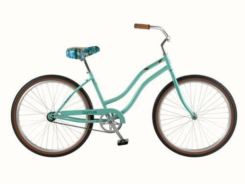 The Grateful Dead Chatham Single Speed Step Through Beach Cruiser Bicycle in turquoise with a tie-dye patterned seat and brown handlebars, featuring wide spokes and vintage-style tires.