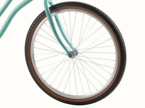 Close-up of a turquoise bicycle wheel with a black tire and brown accents, showcasing its spokes and modern design.