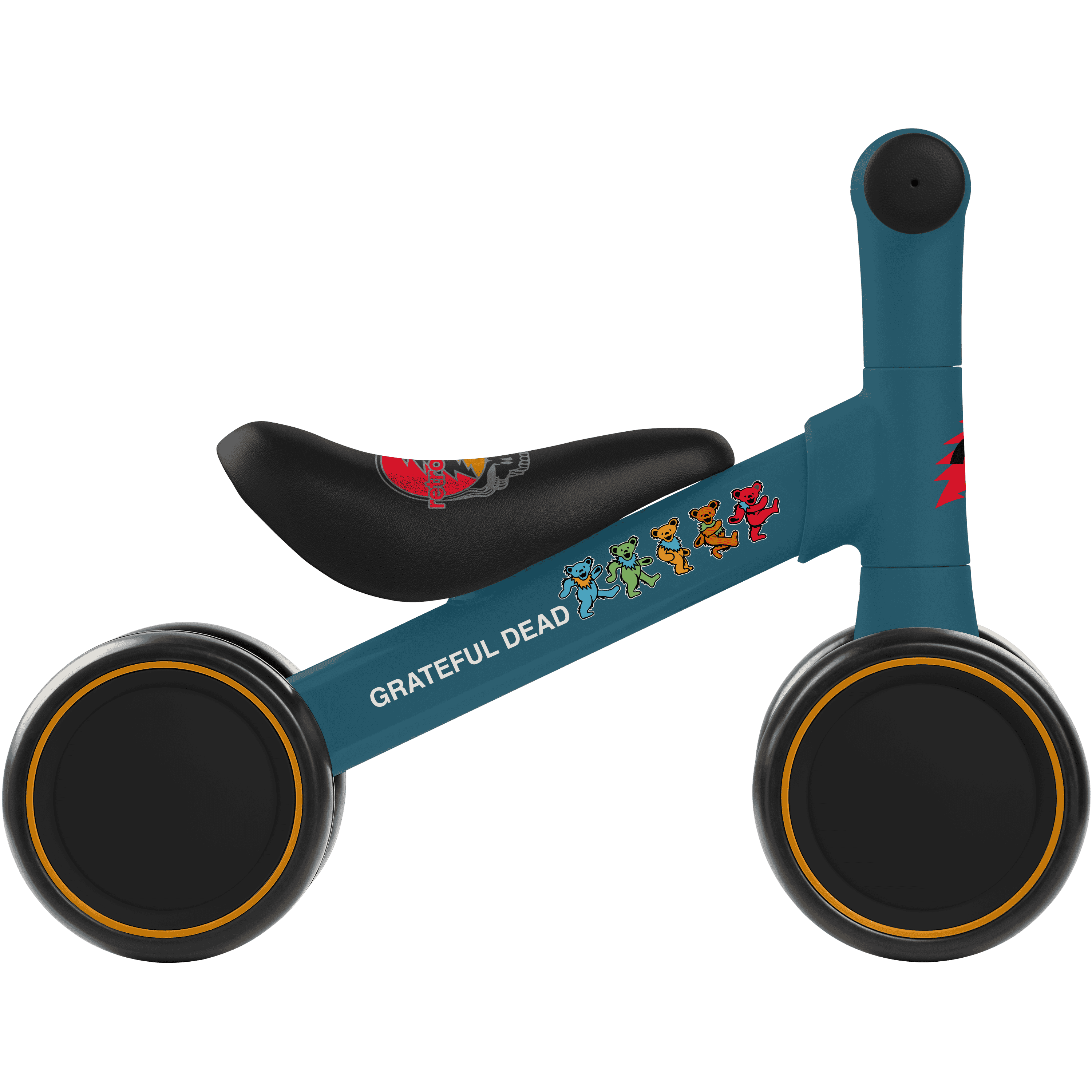 A blue Grateful Dead Cricket 2 Balance Bike featuring the Dead's colorful and iconic dancing bears artwork on the frame and steal your face artwork on the saddle, a red lightening bolt is featured on the stem.