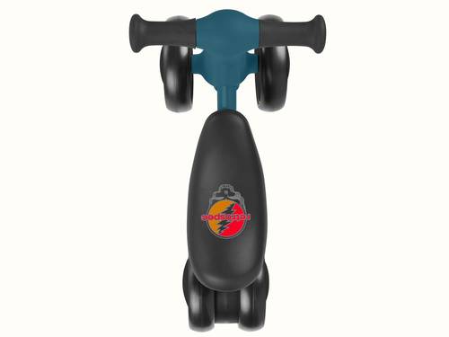 Top view the Grateful Dead Cricket 2 Baby Walker Balance Bike, a sleek, modern children's ride-on toy with a blue frame, black handles, and the iconic Steal Your Face graphic on the black seat.