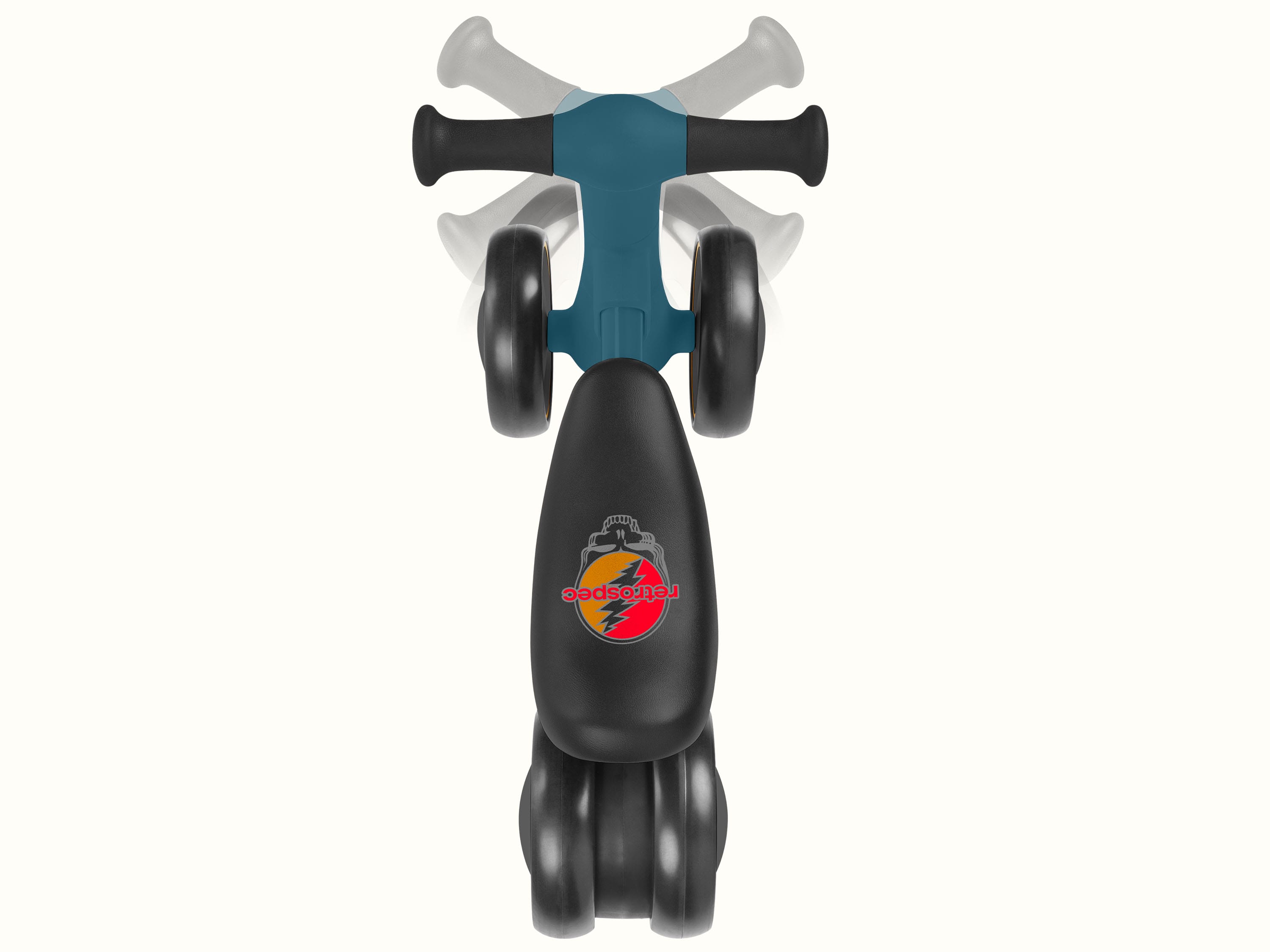 Top view the Grateful Dead Cricket 2 Baby Walker Balance Bike, a sleek, modern children's ride-on toy with a blue frame, blurred black handles demonstrating the range of motion, and the iconic Steal Your Face graphic on the black seat.