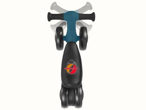 Top view the Grateful Dead Cricket 2 Baby Walker Balance Bike, a sleek, modern children's ride-on toy with a blue frame, blurred black handles demonstrating the range of motion, and the iconic Steal Your Face graphic on the black seat.