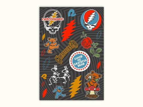 A collage of colorful Grateful Dead stickers featuring the dancing bears, Stealie, roses, and vibrant grateful dead lightning bolts on a dark background.