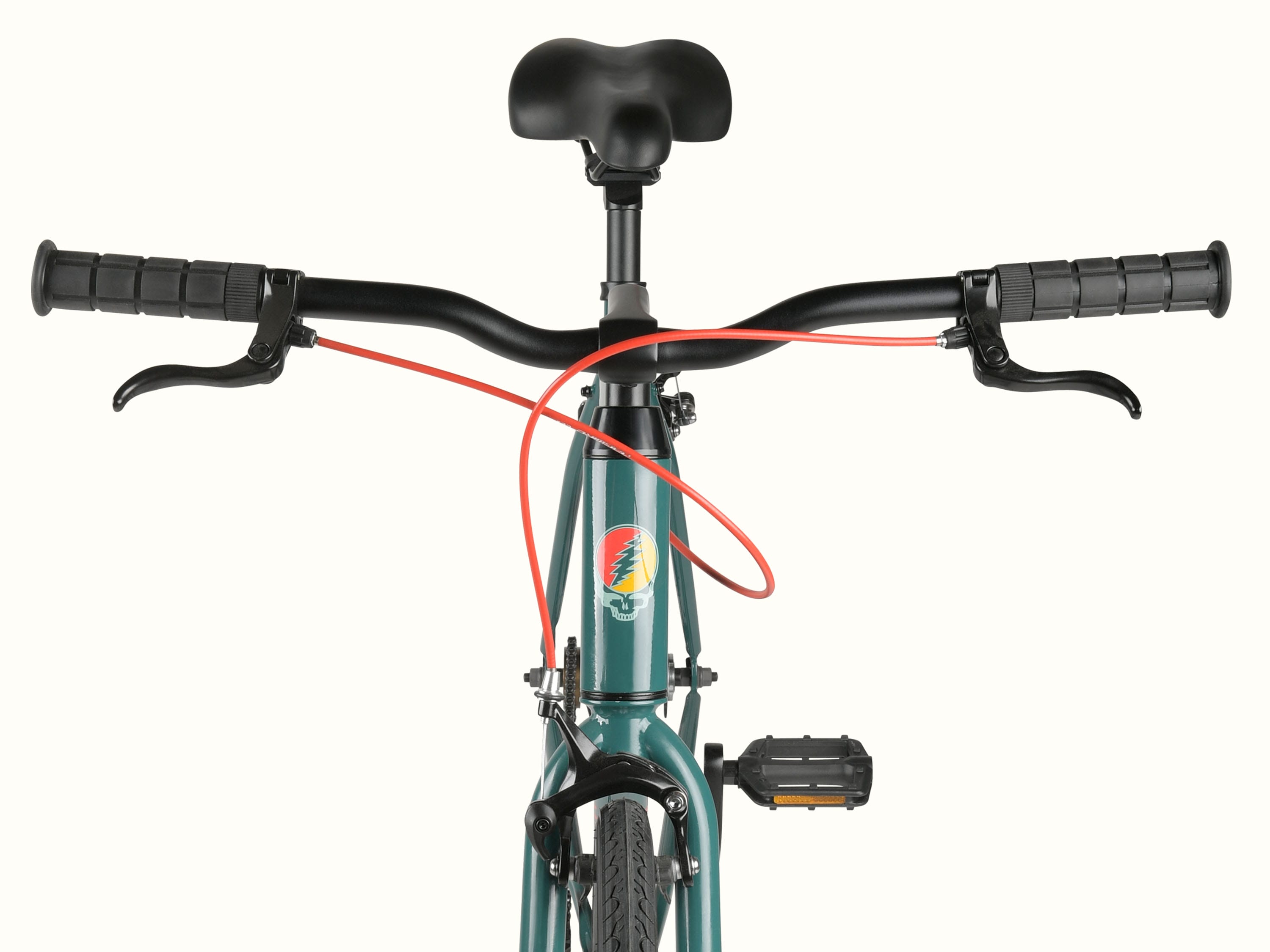 Front view of the green Grateful Dead Harper Fixie Single Speed Bike featuring black handlebars, red brake cables, and a colorful Grateful Dead iconic 