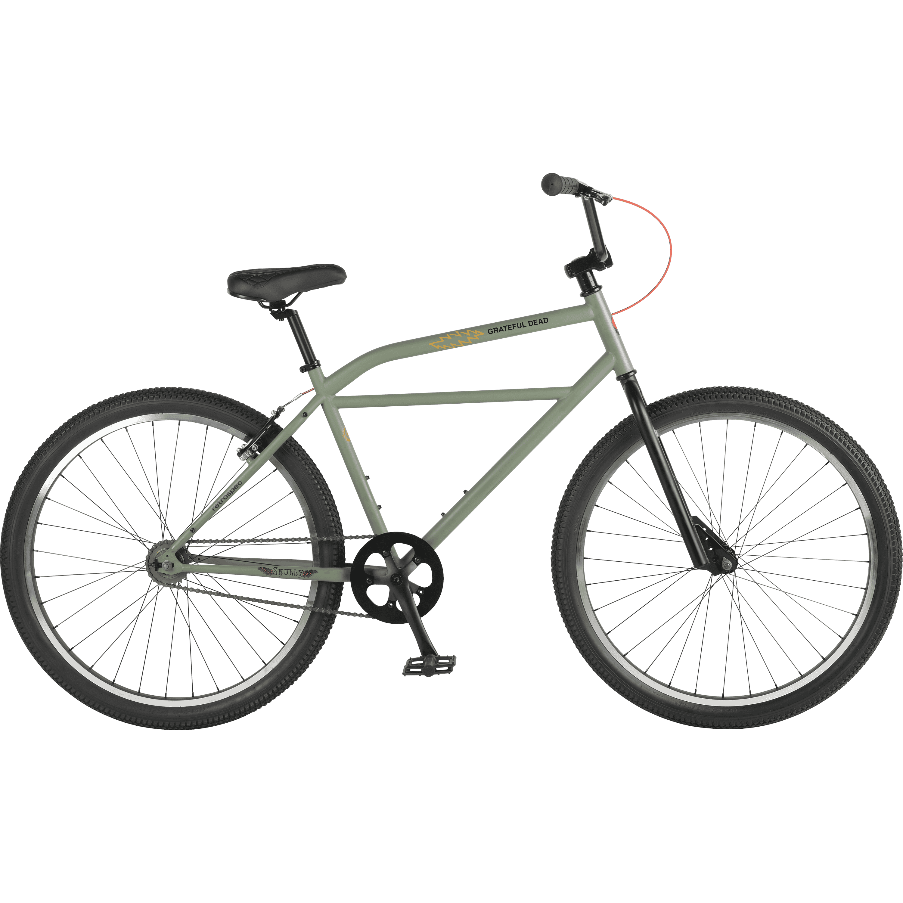 Light green Grateful Dead Sully Klunker Single Speed Bicycle with a single gear, wide tires, and a classic frame design with iconic Grateful Dead Steal Your Face graphic.