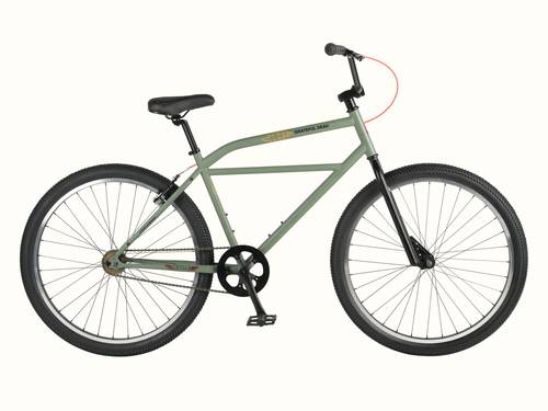 The green Grateful Dead Sully Klunker Single Speed Bicycle with a sleek design, featuring a black seat, spoked wheels, and Grateful Dead iconic artwork, set against a light background.