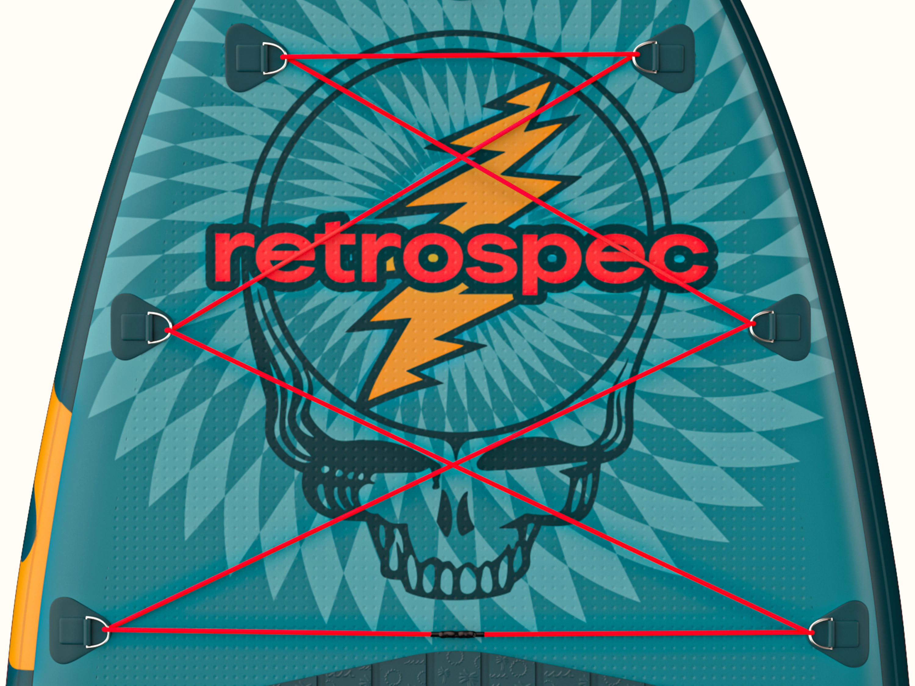 A close up of the Grateful Dead Weekender Crew Multi-Person Inflatable Stand Up Paddle Board's nose featuring a red bungee for storage, 