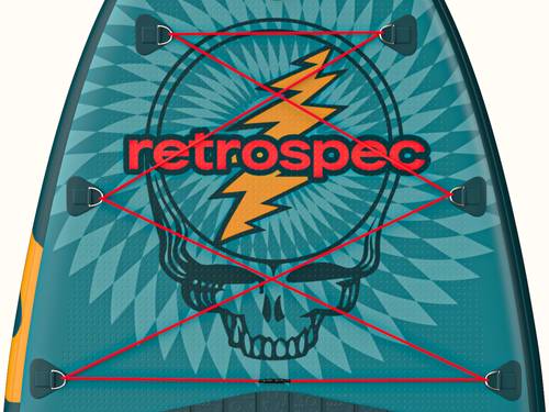 A close up of the Grateful Dead Weekender Crew Multi-Person Inflatable Stand Up Paddle Board's nose featuring a red bungee for storage, "retrospec" branding, and the iconic Grateful Dead "Steal Your Face" logo.