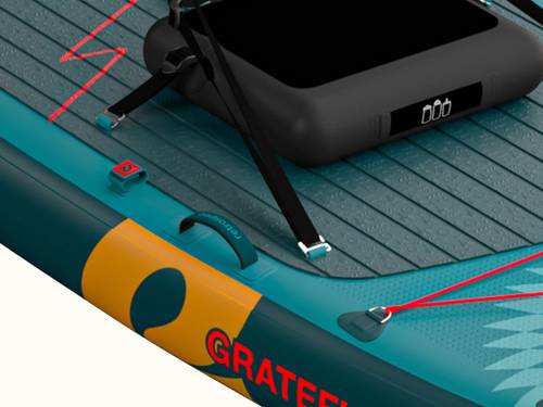 Detail of a teal inflatable paddle board showing seat straps connected to a black inflatable kayak seat.