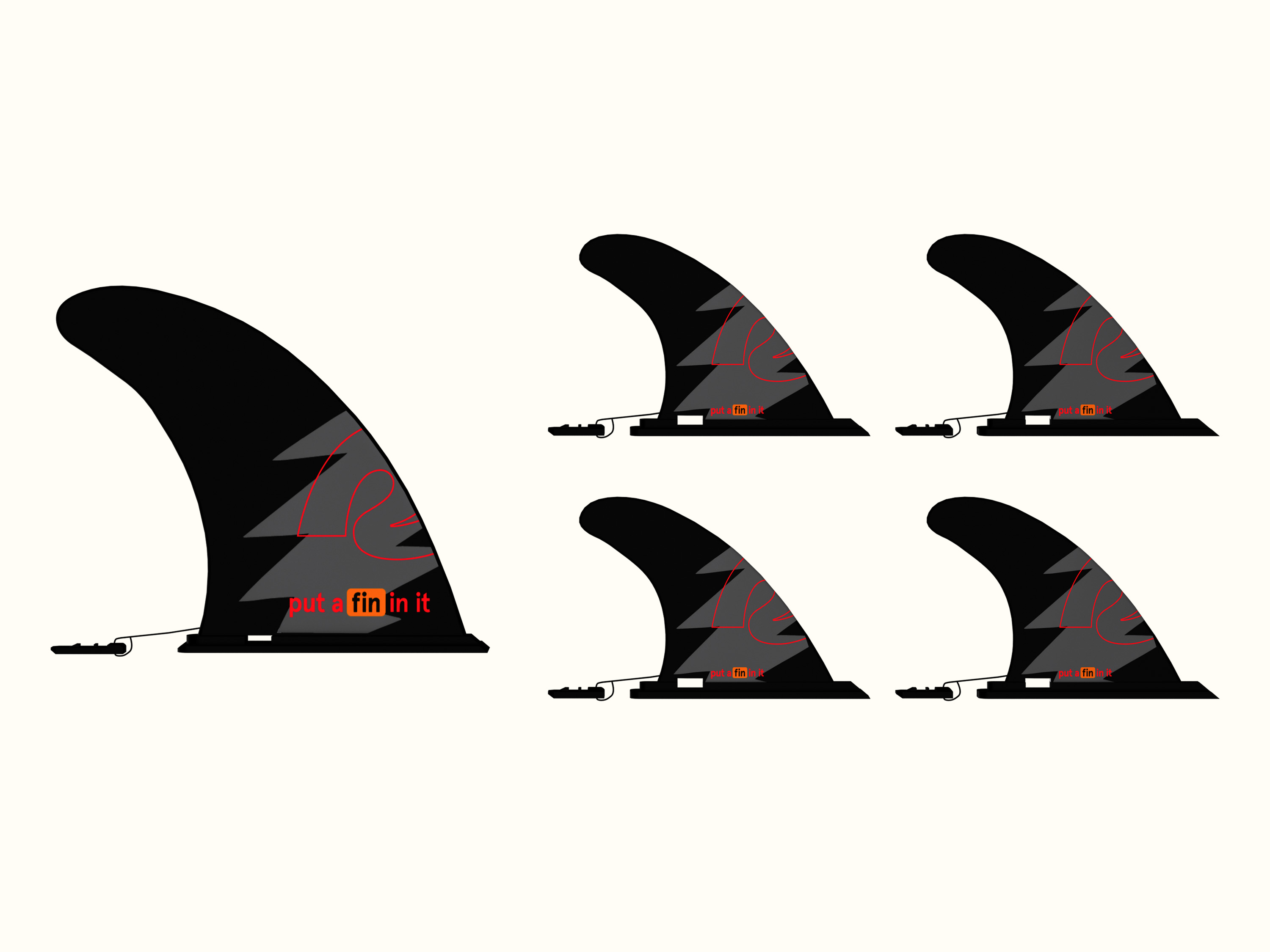 Four stylized fins in black with a red design and 