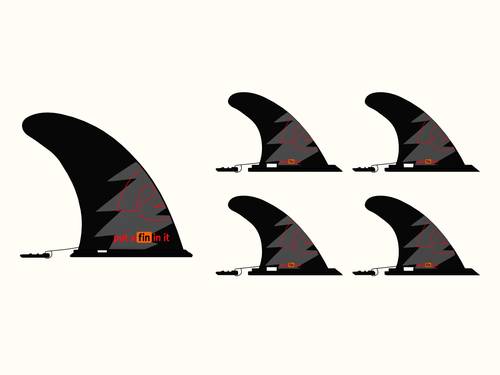 Four stylized fins in black with a red design and "retrospec" branding with the phrase "put a fin in it" displayed prominently.