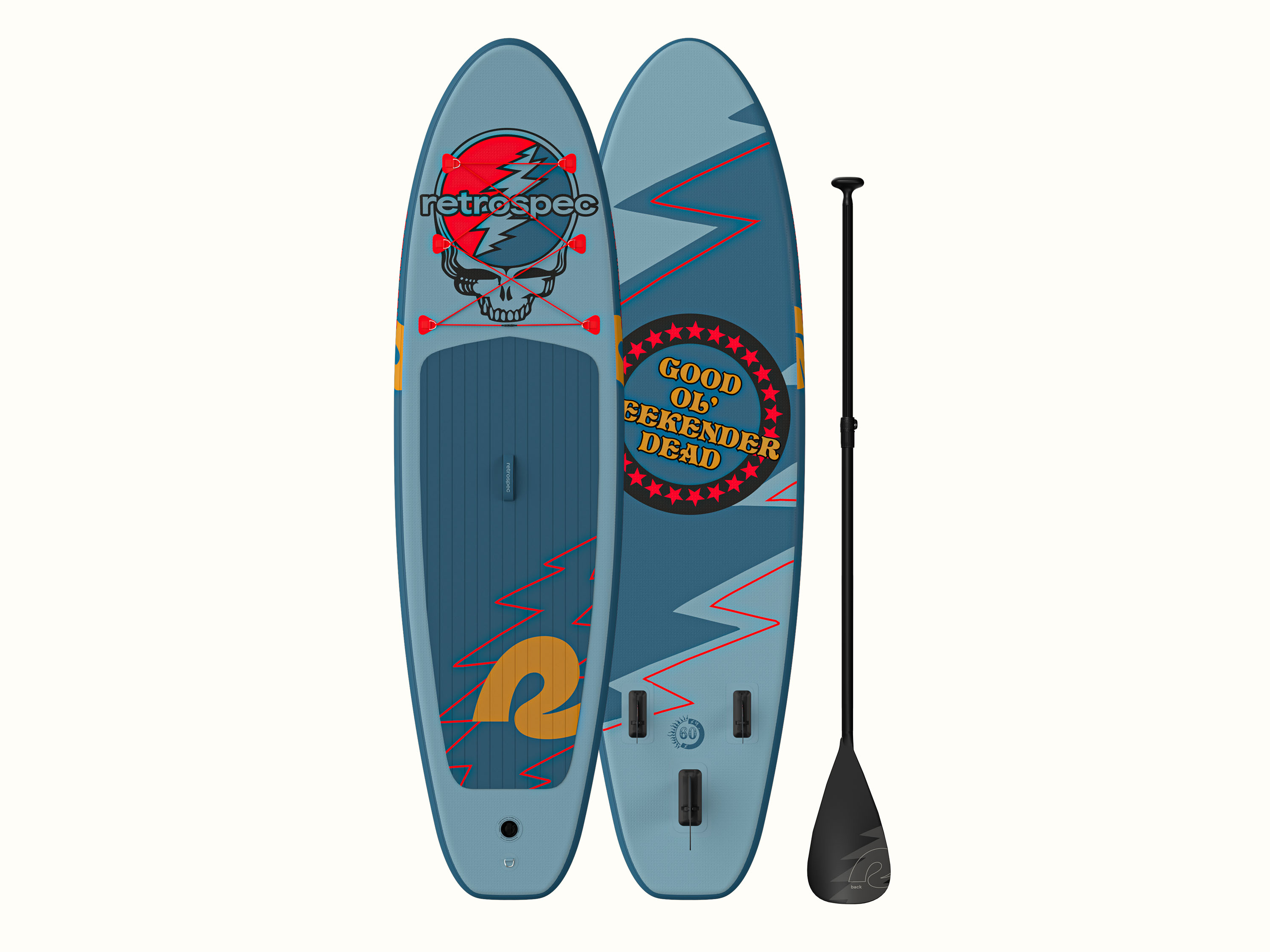 A front and rear view of the vibrant blue Grateful Dead Weekender Inflatable Paddle Board featuring the iconic Grateful Dead 