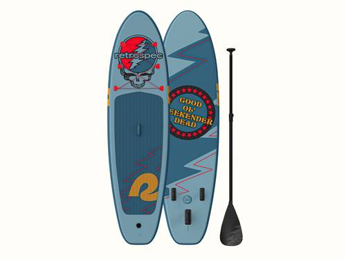 A front and rear view of the vibrant blue Grateful Dead Weekender Inflatable Paddle Board featuring the iconic Grateful Dead "Steal Your Face" artwork and "Good Ol' Weekender Dead" text, accompanied by a paddle, set against a dark background.