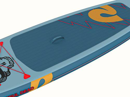 A vibrant blue Grateful Dead Weekender Inflatable Paddle Board featuring iconic Grateful Dead artwork, including "Steal Your Face", a lightning bolt and a large "retrospec" logo, with a textured surface for grip.