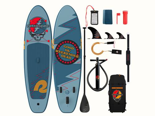 A front and rear view of the vibrant blue Grateful Dead Weekender Inflatable Paddle Board featuring the iconic Grateful Dead "Steal Your Face" artwork and "Good Ol' Weekender Dead" text, accompanied by a paddle and backpack, set against a dark background with included accessories such as paddle, pump, fins, carry bag, leash, patches, repair kit, and cell phone case.