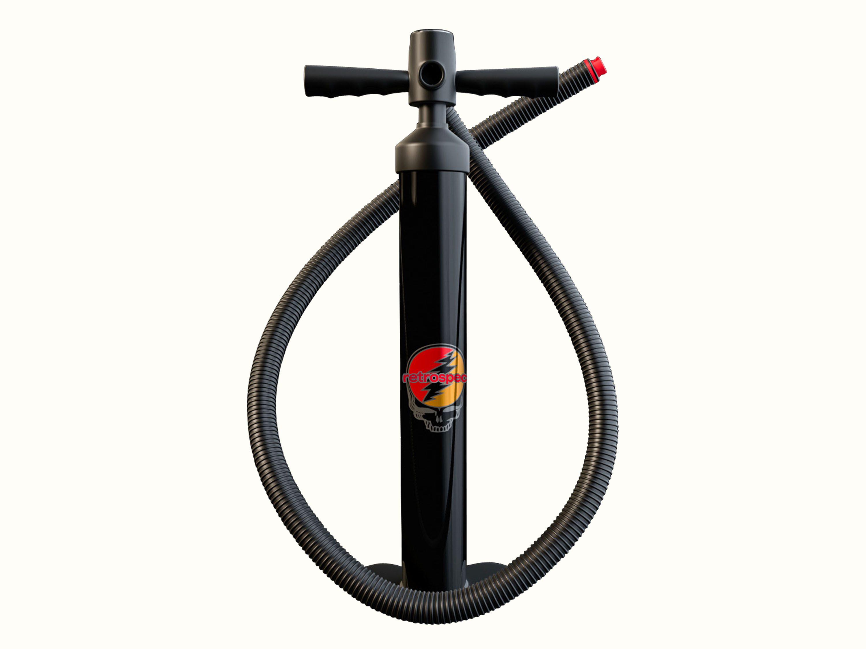 Black pump with a molded handle, flexible hose, and a red nozzle, featuring a colorful 