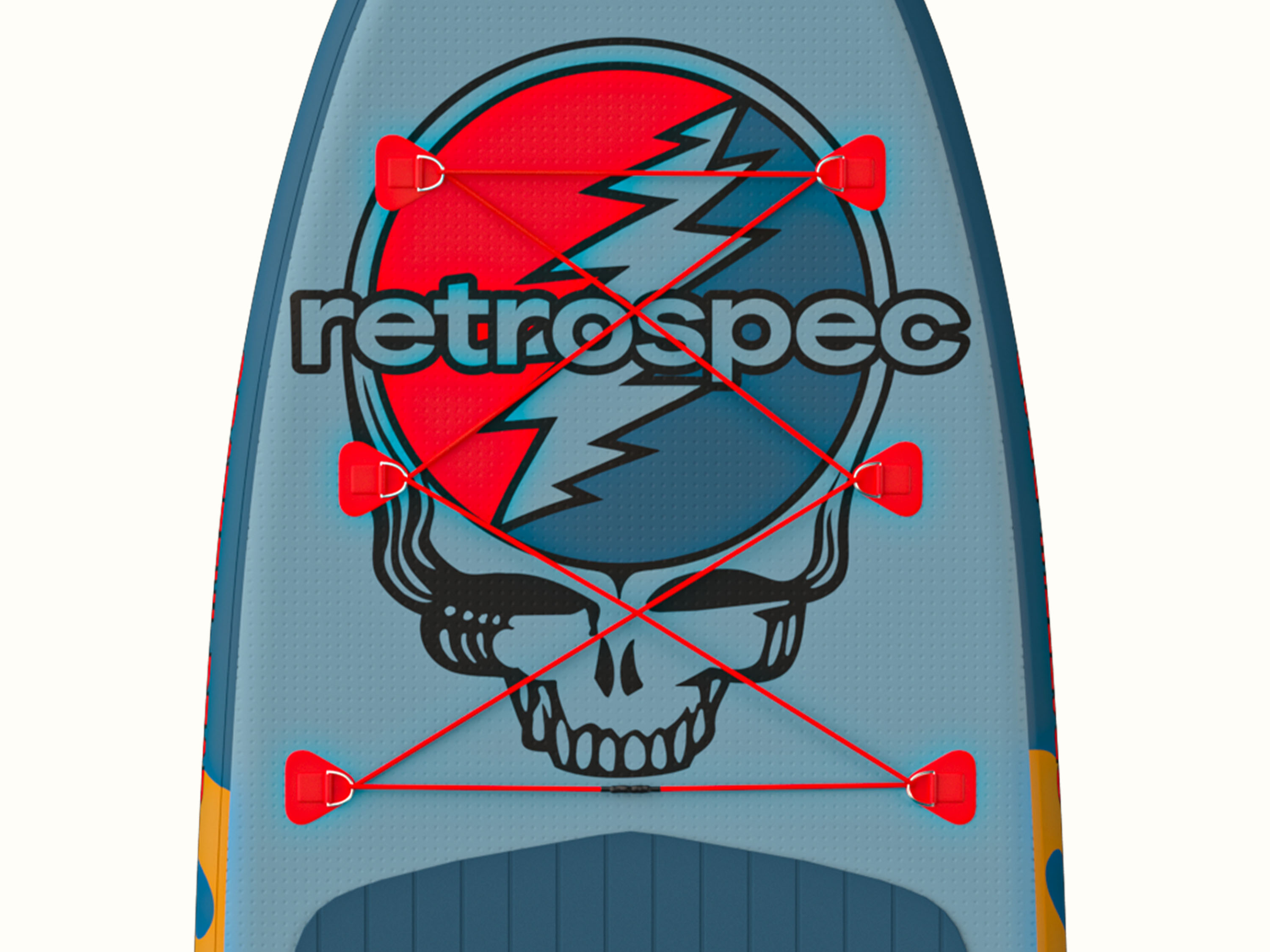 A close-up of the blue Grateful Dead Weekender Inflatable Paddle Board with a 