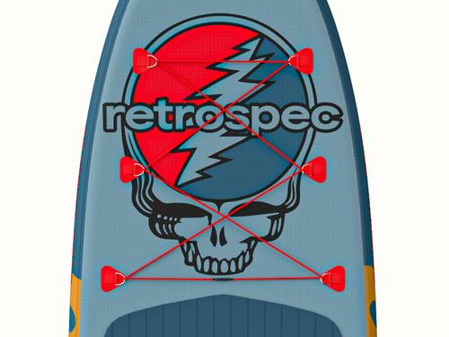 A close-up of the blue Grateful Dead Weekender Inflatable Paddle Board with a "Steal Your Face" or "SYF" graphic, red bungee cords, and the logo "retrospec."