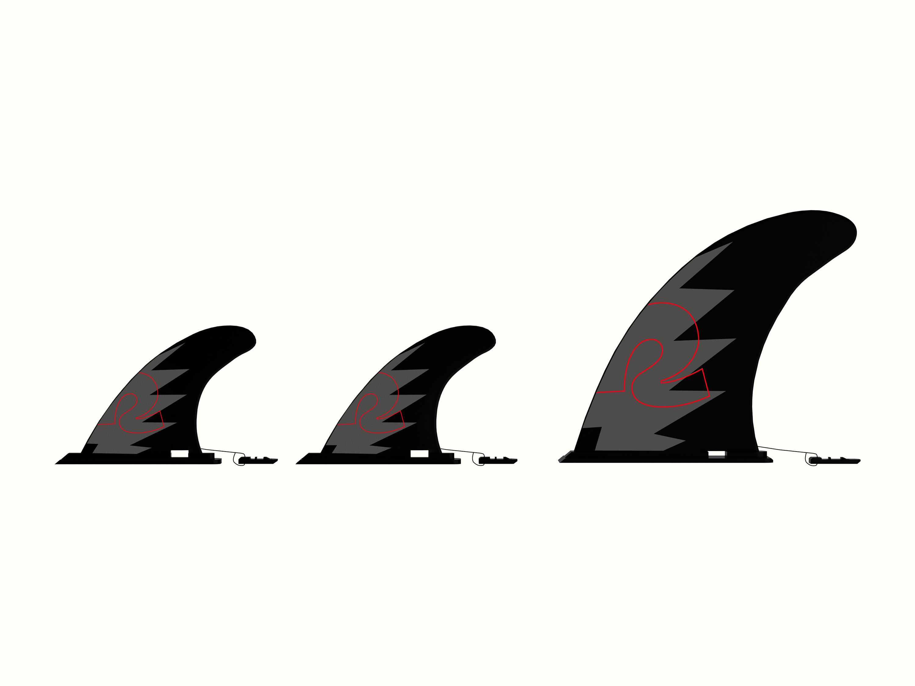 Three stylized fins in black with a red design and 