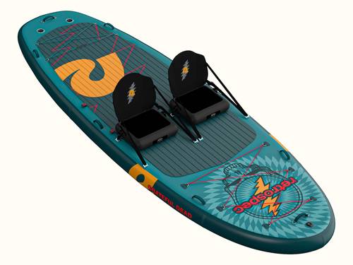 Grateful Dead Weekender Crew XL Multi-Person Inflatable Stand Up Paddle Board with two black inflatable kayak seats attached.