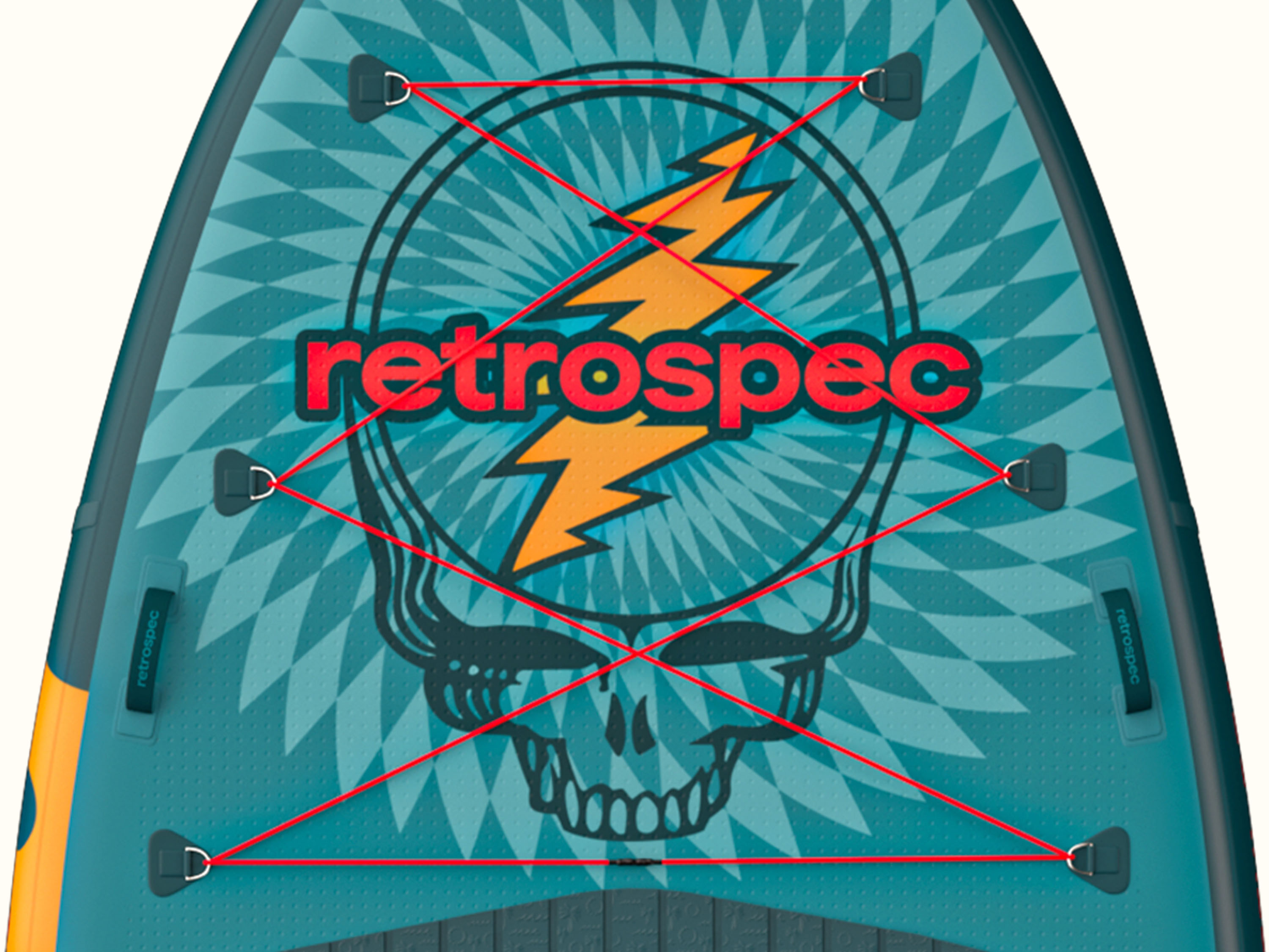 A close up of the Grateful Dead Weekender Crew XL Multi-Person Inflatable Stand Up Paddle Board's nose featuring a red bungee for storage, 