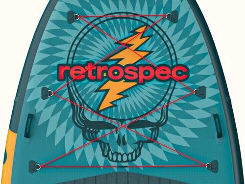 A close up of the Grateful Dead Weekender Crew XL Multi-Person Inflatable Stand Up Paddle Board's nose featuring a red bungee for storage, "retrospec" branding, and the iconic Grateful Dead "Steal Your Face" logo.