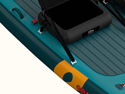 Detail of a teal inflatable paddle board showing seat straps connected to a black inflatable kayak seat.