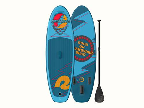 The vibrant Grateful Dead Weekender Nano Kids' Inflatable Paddle Board featuring the Grateful Dead Steal Your Face iconic artwork, a retrospec bright orange logo, and red lightning bolt designs with red bungee cords and a textured surface for grip, alongside a paddle.