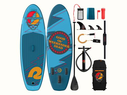 The vibrant Grateful Dead Weekender Nano Kids' Inflatable Paddle Board featuring the Grateful Dead Steal Your Face iconic artwork, a large "retrospec" bright orange logo, and red lightning bolt designs with red bungee cords and a textured surface for grip, alongside a paddle, carry strap, leash, repair kit and patches, fins, bag and cell phone case.