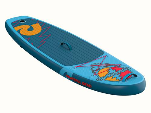 The vibrant Grateful Dead Weekender Nano Kids' Inflatable Paddle Board featuring the Grateful Dead Steal Your Face iconic artwork, a retrospec bright orange logo, and red lightning bolt designs with red bungee cords and a textured surface for grip.