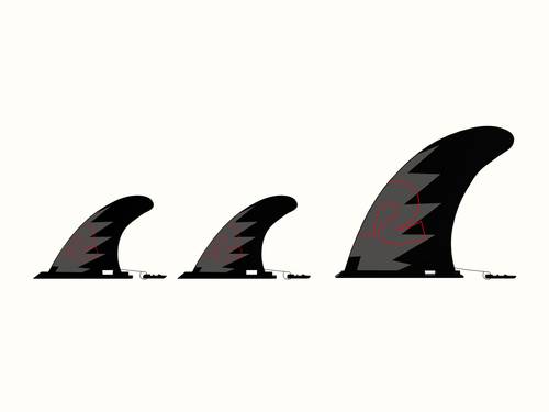 Three stylized fins in black with a red design and "retrospec" branding with the phrase "put a fin in it" displayed prominently.