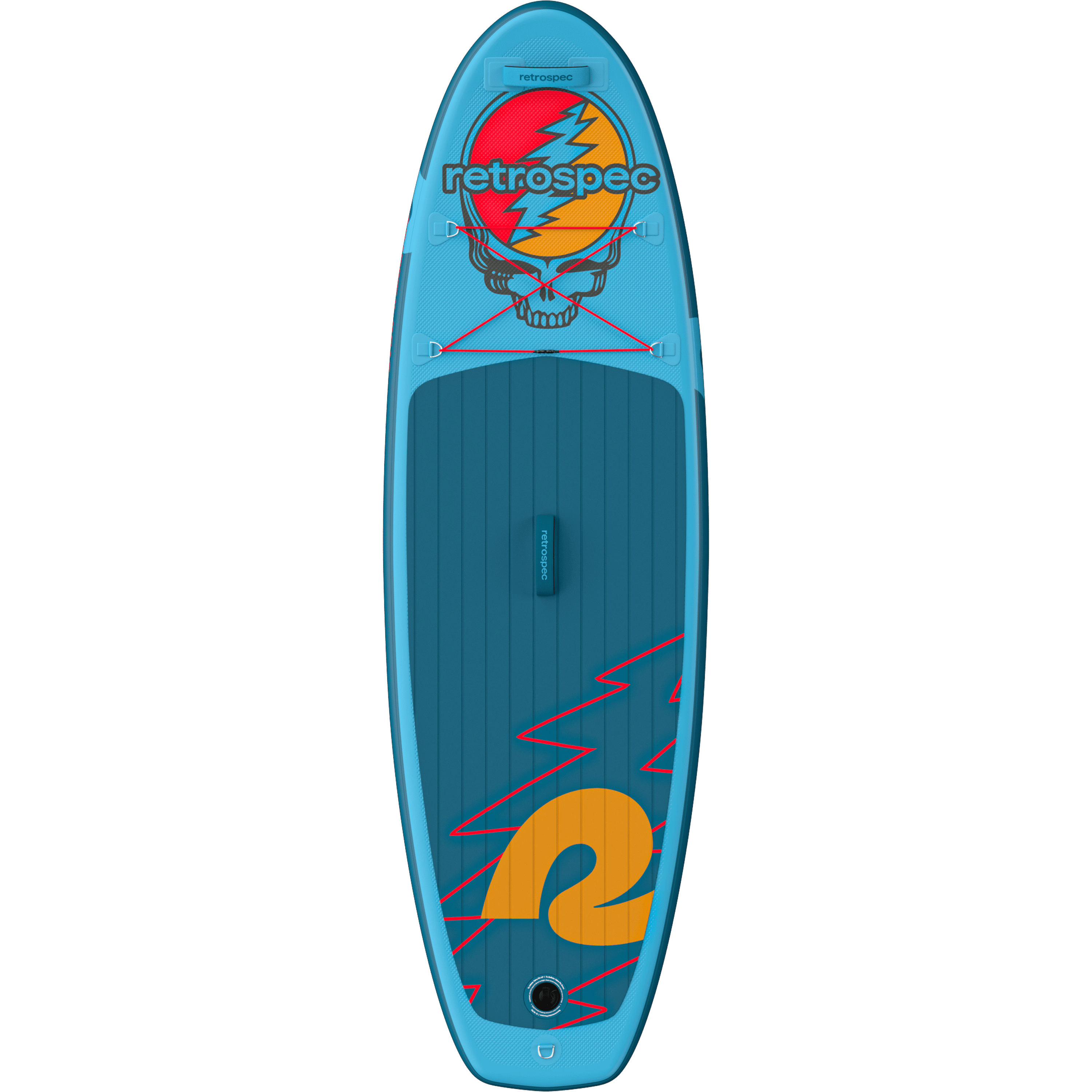 The vibrant Grateful Dead Weekender Nano Kids' Inflatable Paddle Board featuring the Grateful Dead Steal Your Face iconic artwork, a retrospec bright orange logo, and red lightning bolt designs with red bungee cords and a textured surface for grip.

