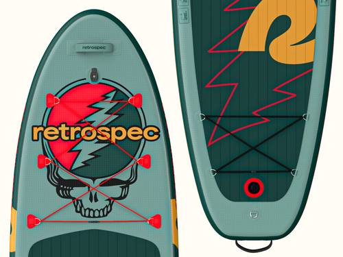 A teal stand-up paddleboard featuring the Grateful Dead "Steal Your Face" skull and lightning bolt design, with "retrospec" logo and red/black bungee cords for gear storage.