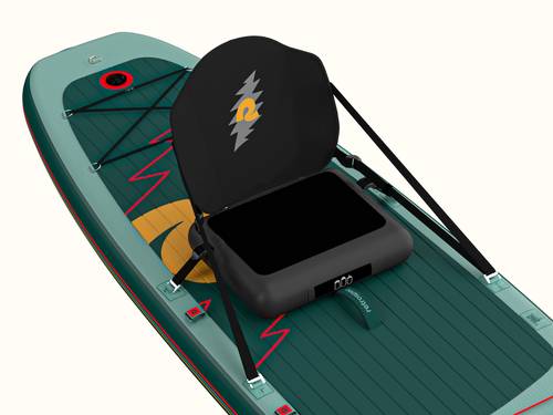 An inflatable black kayak seat on a colorful paddleboard, featuring straps for securing, ideal for relaxing while on the water.