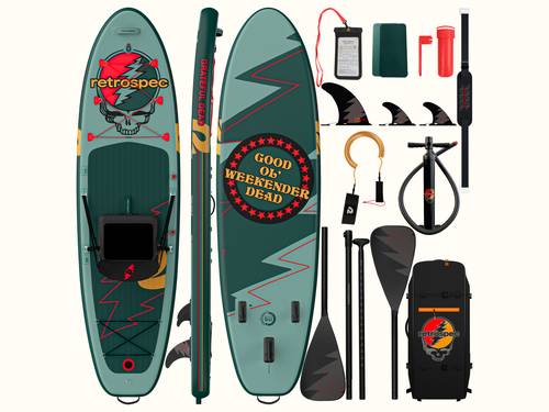 A Grateful Dead Weekender Plus Inflatable Kayak Stand Up Paddle Board Hybrid featuring the board's front, rear, and side, along with the included accessories; paddle, fins, pump, cell phone case, repair kit, backpack and carry strap against a light background.