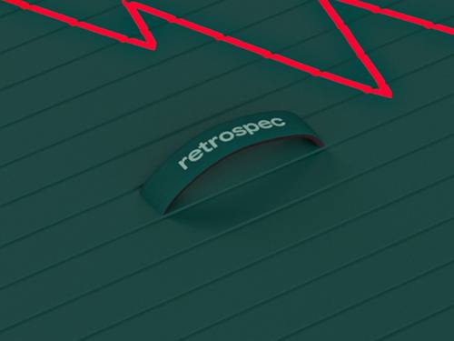 A close-up of a dark teal surface featuring a "Retrospec" logo on the handle and a jagged red line graphic.