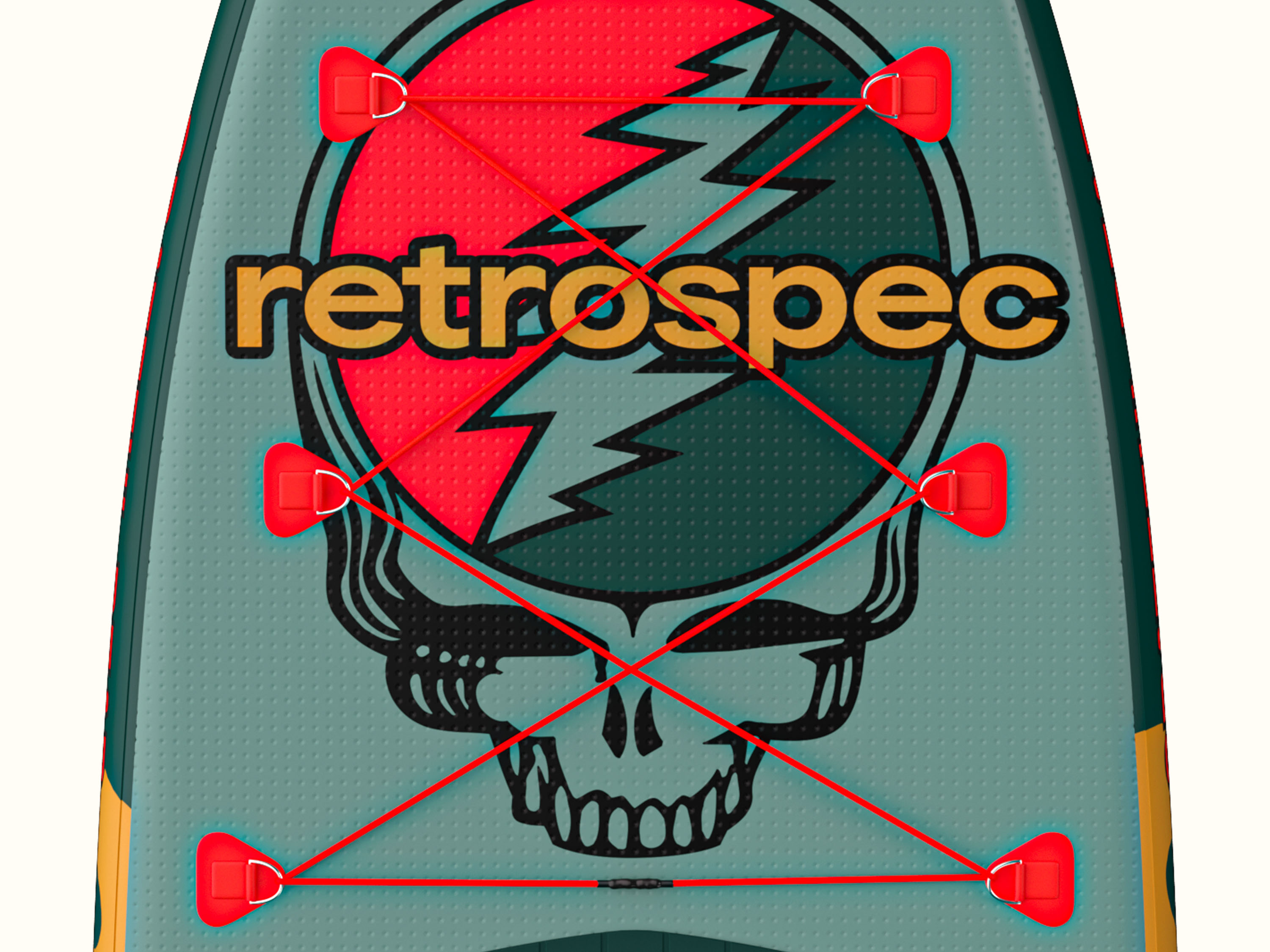 Top view of a teal paddleboard featuring a red and green Grateful Dead 